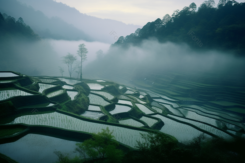 清晨云海梯田宁静悠闲风景,高清,摄影图,摄影图片,图片大全,摄影图免费下载
